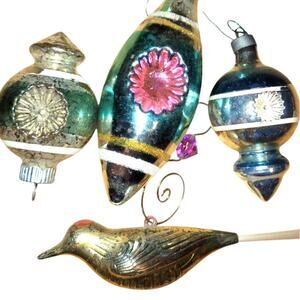 5 Vintage 1950's -1960's Mixed Shapes 1 Bird Mercury Indented w/ 1 Bird Ornament
